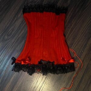 Elegant Red and Black Pinstripe Corset with Lace and Bow detailing